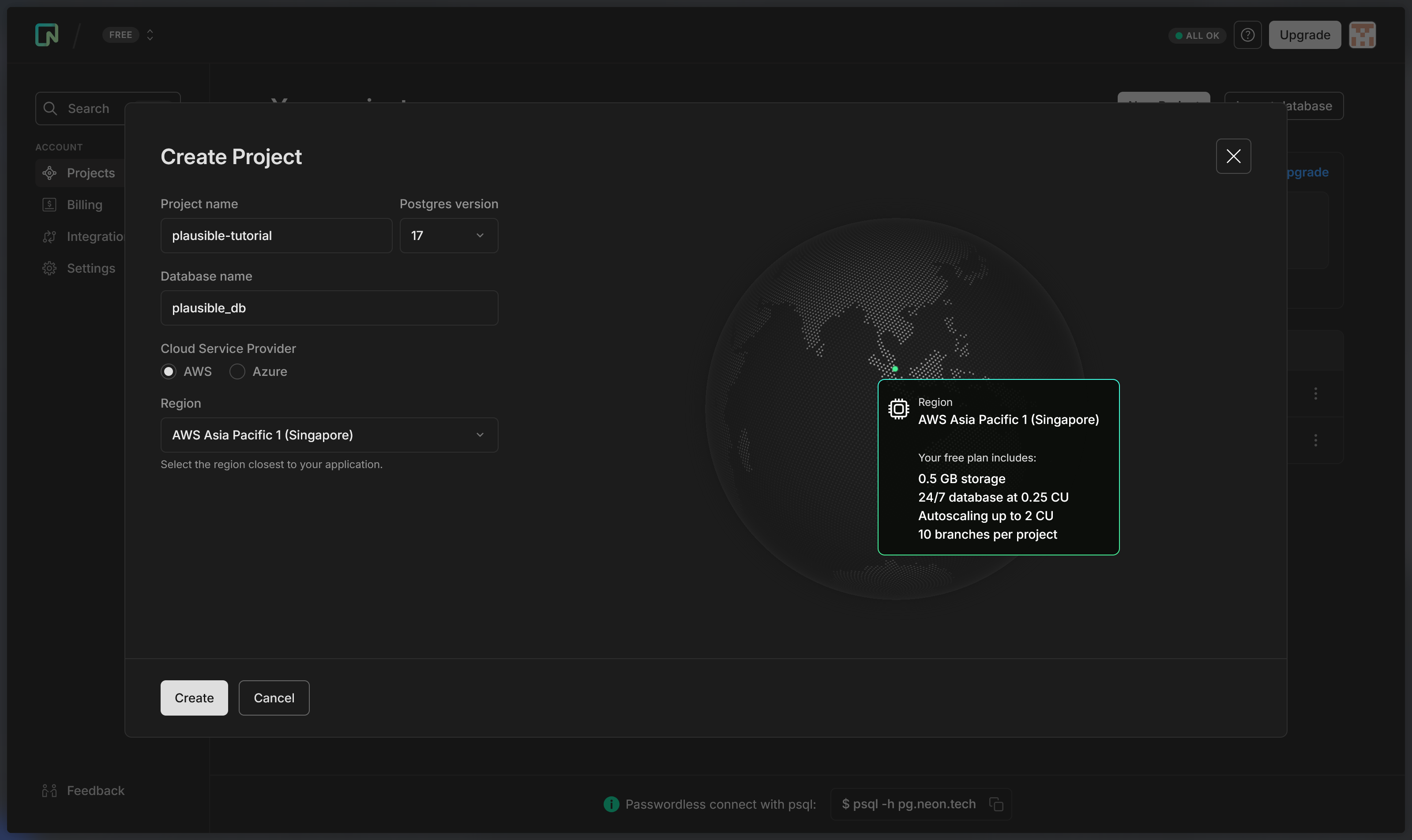 NeonDB Configuration Popup Window